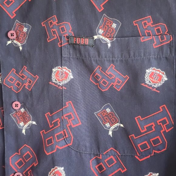 FUBU Shirt Mens 3XL Navy Blue Red Button Up Long Sleeve All Over Print 90s Style - Picture 2 of 9
